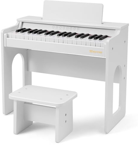 MUSTAR Kinder Klavier, 37 Tasten Digital Piano für Kinder, mit Piano Bank, Liederbuch, Aufkleber und Schutzhülle, Holz Klavier für Kleinkinder Mädchen Jungen, Weiß