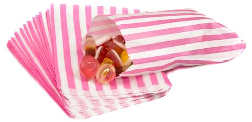 Bag It Plastics Candy Stripe Paper Sweet Bags | Pink | 5 x 7 / 125x175mm | Pack of 50 | Multipurpose Use for Sweets, Popcorn, Wedding Favours, Pick and Mix & Cookies!