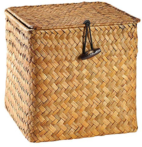 Cabilock Cesto Portaoggetti in Paglia di Rattan con Coperchio Cestini Portaoggetti Quadrati in Vimini Scatola Portaoggetti da Tè con Coperchio Organizer Decorazione Della Casa (Medio)
