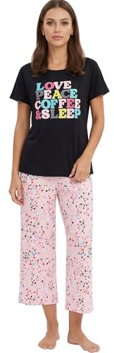 CHUNG Conjunto de pijama para mujer de manga corta Tops camisa recortada pantalones Capri longitud color brillante