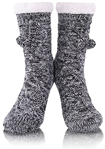 FUSACONY Calze Morbide da Donna, con Pom Pom con Gommini, Calzini Antiscivolo Donna Invernali, Morbide Calze Natalizie 35-42 (Grigio)