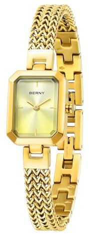 BERNY Gold Uhr Für Frauen Zierliche Quarz-Armbanduhr Damen Rechteck Mini Armbanduhren Kleine Mode 3ATM Wasserdicht Alle Edelstahl Abnehmbares Uhrenarmband