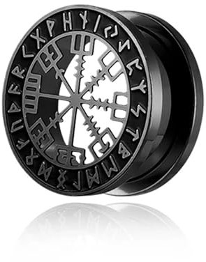 BlackAmazement 316L Edelstahl Flesh Ohr Tunnel Plug Piercing Vegvisir Aegishjalmur Aegishjalmr Wikinger Symbol Schreckenshelm Runen Kreis schwarz silber Biker Herren (Farbe Schwarz - Ø 14mm - 1 Stück)