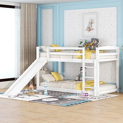 Barnvåningssäng med rutschkana, 90 x 200 cm, massivt furu – våningssäng med trappa, glidbana och räcke