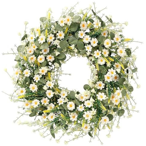 Viusneun Künstlich Türkranz 45cm Türkranz Ganzjährig für Wanddekoration/Haustür Deko,Wandkranz Für Frühling Sommer,Hängen Kranz Blumenkranz Deko für Garten,Hochzeit,Party,Festival,Weihnachten (Weiß)