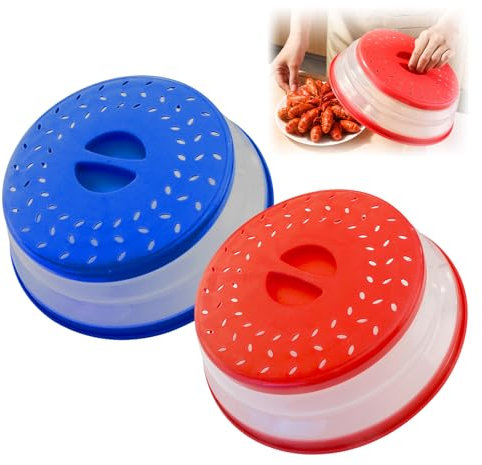 Hwtcjx 2 Pcs Microwave Cover, Plate Covers, Microwave Food Covers, Made of Plastic PP + TPR Material, Foldable, High Temperature Resistant, for Oil and Splash Proof, Drain, Fruit Tray (Red, Blue)
