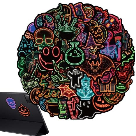 Halloweenklistermärke, Halloween-neonklistermärke, dekorativ neonljusklistermärke 50 x – självhäftande Halloween-klistermärken för festdekorationer, vattentäta laptop-klistermärken,