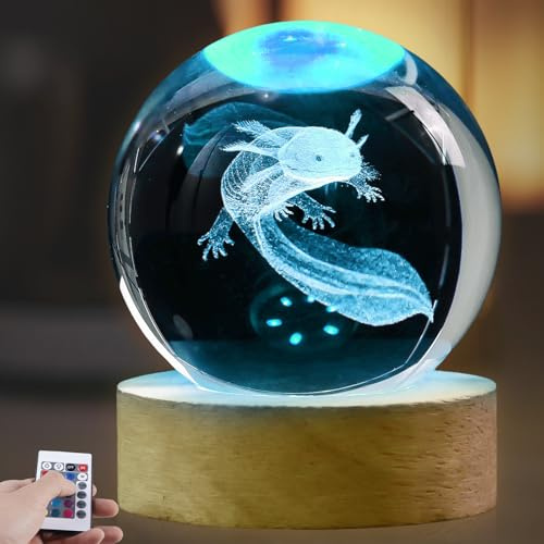 Luce notturna a sfera di cristallo a forma di axolotel, 16 colori, 3D, sfera di vetro a forma di axolotel con telecomando, 8 cm, regali con axolotl con base in legno per ragazzi e ragazze