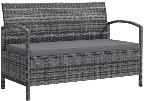Outsunny Garden Storage Bench with 125L Capacity, 2 Seater PE Rattan Garden Bench with Storage, Cushion, Wicker Outdoor Bench Loveseat with Steel Frame for Patio, Grey