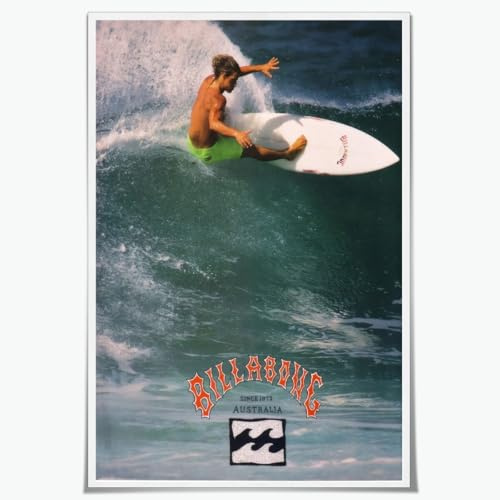 Vintage Billabong Surfing Poster 1990 Classic Surf Wall Art Wave Rider Coastal Canvas Print Retro Ocean Sports Australia Beach for Surfer Home Office Living Room Decor 12x18inch Unframed