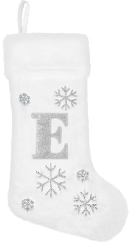 SULOLI 20 Inches Monogram Christmas Stockings with Letters,Super Soft Plush Christmas Stockings Large Embroidered Stockings White Snowflake Letter Stockings for Christmas Holiday Xmas Gift(E)