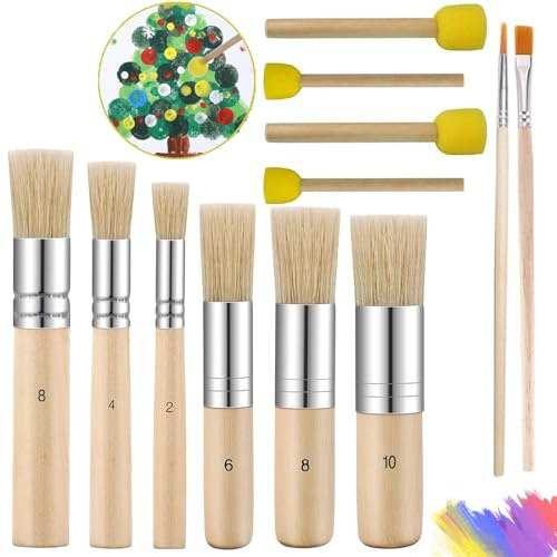 Stencil Brush and Sponge Brush, 6 Pig Hair Brushes, 4 Paint Sponges, 2 Wooden Liner Brushes, for Acrylic Painting, Watercolor, and Stencil Projects