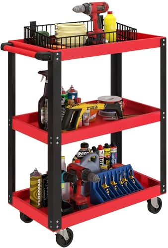 HOMCOM Carro de Taller, Carro de Herramientas con 3 Estantes, Ruedas con Frenos y Asa Lateral, para Garaje Mecánico, Hogar, Carga 120 kg, Rojo