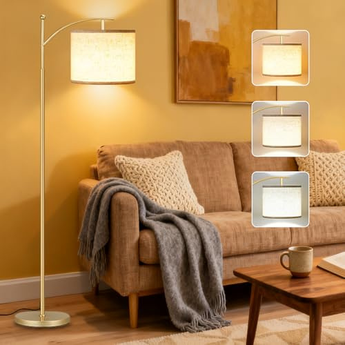 Eidoct Modern Floor Lamp for Living Room, 175cm Tall Standing Lamp with 12W 3-Colour Dimmable LED & Linen Shade, Adjustable Light Temperature (3000K-5000K) for Bedroom, Hotel, Study - Gold