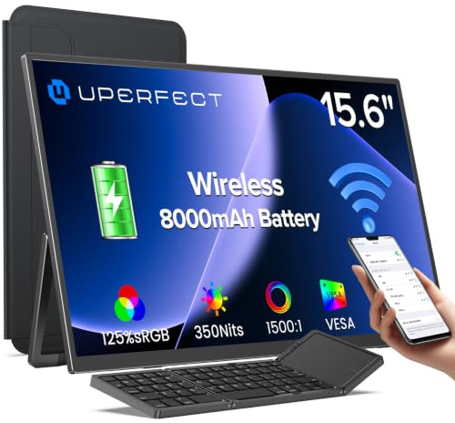 UPERFECT Drahtloser Portable Monitor mit 8000-mAh Akku/Bluetooth Faltbare Tastatur/Sleeve, 15.6 125% sRGB 1080P Wireless Tragbarer Screen für Laptop/PC/Phone, Support AirPlay/Miracast
