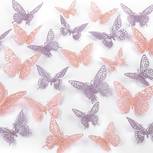 Phuryllic Butterfly Wall Decor, 48pcs 3D Butterfly Stickers in 3 Sizes & 4 Styles for Balloon Arch & Cake Decorations, Cute Decals for Girls Room & Birthday Party, Pink & Purple