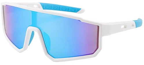 CIKJUK Sport Lunette de Soleil Enfant - Protection UV TR90 Monture Flexible enveloppante Cool vtt Course à pied Baseball Cyclisme Ski Cricket Lunettes Soleil Garçon Fille - Blanc/Bleu miroir