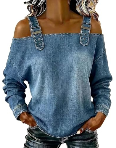 Camicia da donna in denim a maniche lunghe con spalline regolabili e scollo a barchetta, modello retrò, casual e alla moda per primavera ed estate, Blu, S