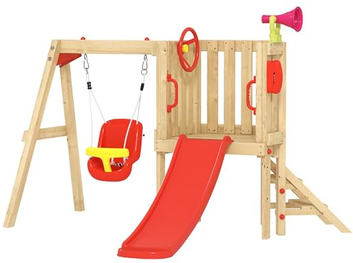 Outsunny Columpio y Tobogán Infantil 5 en 1 Parque Infantil Exterior Rojo