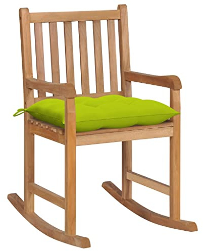 Drainlyn Gungstol med ljusgrön kudde, massivt trä, teak, trädgårdsstol, balkongstol, terrassstol, fåtölj hög rygg, relaxstol, väderbeständig, utomhus med vaddering, 58 x 92,5 x 106 cm
