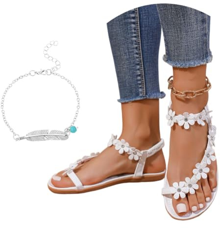 LDXEQIZ Sandalias Ortopédicas con Separador De Dedos Sandalias Elegantes De Mujer con Flores Cómodas Chanclas Bohemias con Plantilla Suave Zapatos Planos Casuales De Verano(White,41 EU)