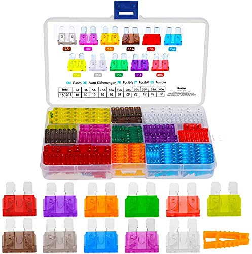 Rovtop 150 Stück Standard Auto Sicherungen KFZ Sicherungen Set maßgebend Autosicherungen 2A 3A 5A 7.5A 10A 15A 20A 25A 30A 35A mit 1 Sicherungszieher