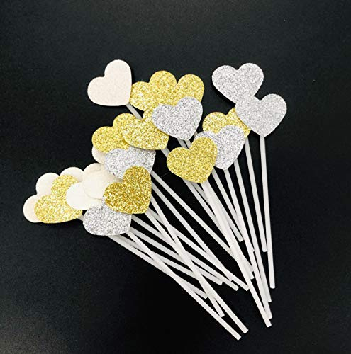 AILEXI Hecho A Mano 20 Cuentas 3 Colores Pastel De Purpurina Que Adorna Los Primeros Para La Torta Magdalena Y Helado - Corazoncitos Dorados/Plateados/Blancos
