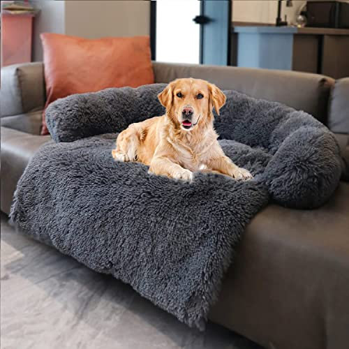 MoonxHome Plüsch-Hundebett mit Schaumstoff-Nackenpolster, Plüsch-Haustierbett und mehr für kleine Hunde und Katzen, Universal-Tiermöbelschutz, Schlafsofabezug, maschinenwaschbar dunkelgrau klein