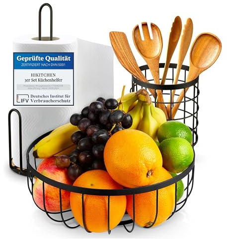 HIKITCHEN® [3er Set Obstkorb Obstschale Küchenrollenhalter Küchenutensilienhalter Utensilienhalter Küche Küchenhelfer Aufbewahrung Dekoschale schwarz Metall Bambus