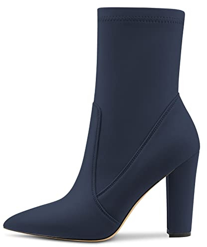 Castamere Femmes Bloc Chunky Haut High Talon Heel Pointu Bout Bottines Fermeture à Glissière Slip-on Cute Dress Mariage Party Bottes 10 CM Heels Bleu Marin 37 EU