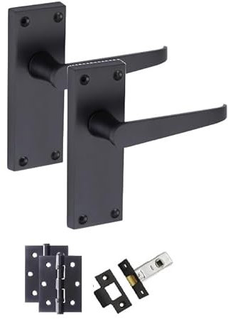 Golden Grace Victorian Straight Handle Latch Door Handles in Matt Black with 1 Pair of 3 Ball Bearing Hinges & Latches, 1 Set - 120mm x 40mm Backplate