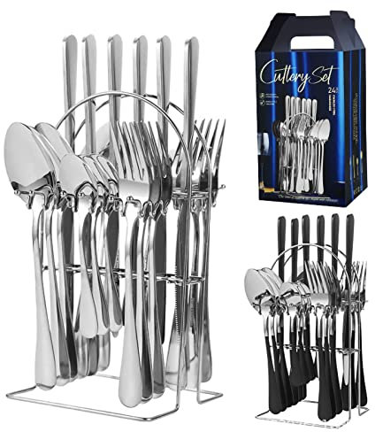 Set di Posate da 24 Pezzi con Scatola di Souvenir 1010 Argento, Set di Posate Moderno Ecologico, Set di Posate da 24 Pezzi Posate in Acciaio Inossidabile a Specchio(silver)