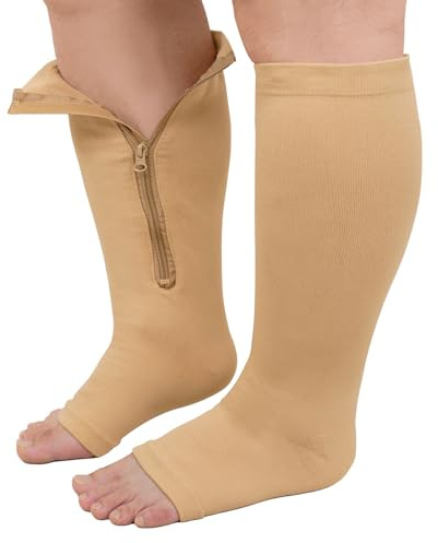 PUTUO Medias de Compresion Talla Grande: Calcetines Compresión con Cremallera Punta Abierta Hombre Mujer Beige XXL 1par