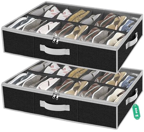 homyfort Under the Bed Shoe Storage Organizer for Closet, Extra Large Underbed Shoe Container, 2 Pack Fits 32 Pairs, Black