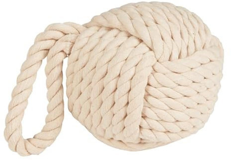 Rope Door Stopper 2kg Monkey's Fist Rope Doorstop Weight with Carrying Handle Heavy Duty Woven Rope Fabric Door Stoppers (Cream)