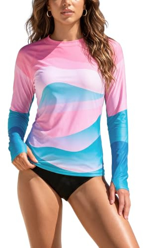 SHEKINI Womens Long Sleeve Rash Guard Swim Top UPF50+ | UPF50+ Rash Vest, Sun Protection, Long Sleeve Swim Shirt with Thumb Holes, Quick Dry, Lightweight, Printed