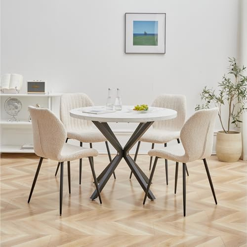 DEYARNA HOME Matgrupp set bord och stolar, 100 cm runt matbord och 4 linnematstolar, 4 stolar och bord för kök, matsal och vardagsrum (kaki-sett, 100 x 100 x 76,5 cm (vit/svart))