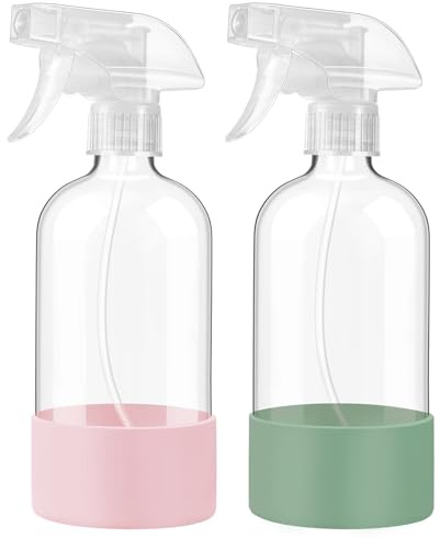 JohnBee Glass Spray Bottles with Silicone Sleeve, 2 Pack16 oz Empty Refillable Containers with Adjustable Spray Nozzles, Spray Bottles for Hair, Cleaning Solutions and Plants Olive Green&Pink