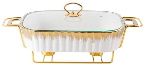 Reldor Ceramic Food Warmer with Gold Wire Stand and Lid for Heat & Moisture Retention, 13 Inch Rectangular Chafing Dish for Buffet, Ideal for Weddings, Parties, Catering Events (White & Gold)