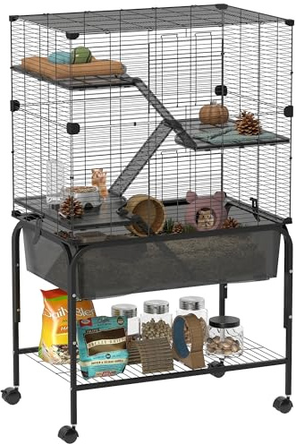 PawHut Jaula para Animales Pequeños de 4 Niveles con Ruedas Jaula para Roedores con Bandeja Profunda Rampas Plataformas Comedero y Bebedero Recinto para Chinchillas Hurones Hámster 73x47x123 cm Negro