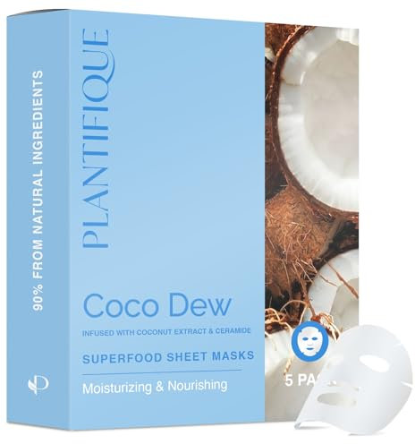 PLANTIFIQUE Masques en Tissu Visage Coco Dew 5 Pack – Masque Hydratant au Noix de Coco & Céramide –Pack Nourrissant de Soin de la Peau Coréen pour une Peau Radieuse – Convient à Tous les Types de Peau