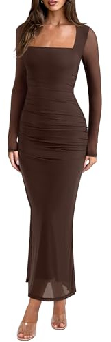 REORIA Long Sleeve Wedding Guest Maxi Dresses for Women Sheer Mesh Square Neck Ruched Bodycon Long Dress 2026 Spring Outfits Shaved Chocolate Small