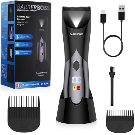BarberBoss Afeitadora corporal, recortadora de barba y afeitadora eléctrica en seco/húmedo para hombre BarberBoss, ideal para pecho, ingles y zonas íntimas, Diseño resistente agua con doble velocidad
