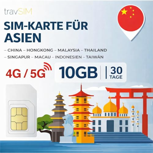 travSIM Scheda SIM asiatica | 30 giorni – 10 GB | SIM Card Asia, da utilizzare a Macao, Cina, Hong Kong, Malesia, Tailandia, Singapore e altro | Accesso a Google, Facebook, Whatsapp e altro | Nessun