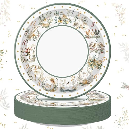Potchen 48 Pcs 12 Days of Christmas Paper Plates Vintage Holiday Decor