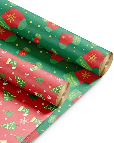 Kraft & Co Christmas Wrapping Paper Rolls – 2 Pack Thick Paper Sheets 44.5cm x 25m – Kraft Xmas Gift Wrap – Festive Eco Friendly Wrapping Papers for Christmas Gifts–Arts and Crafts–50m Total