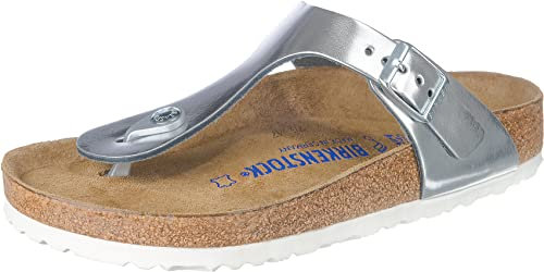 Birkenstock Damen Gizeh SFB Leather Zehentrenner, Metallic Silver, 40 EU Schmal