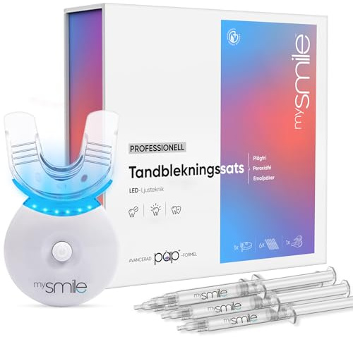 Tandblekningskit med LED-ljus - Med peroxidfri PAP+ - Fläckborttagare mot te, kaffe, rökning, vin - 6x 3 ml tandblekningsgel-sprutor - Alternativ till strips - Tandblekningskit - mysmile