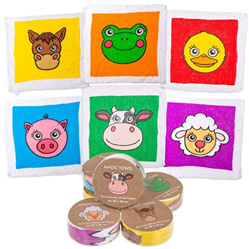 MIK funshopping Set di asciugamani magici – regalini, regalo per bambini, Tombola (set da 6 animali della fattoria)