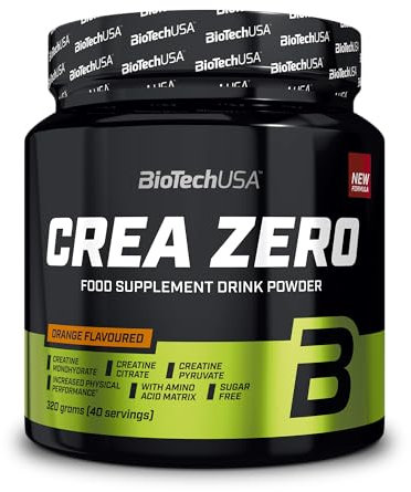 BioTechUSA Crea Zero | Créatine en poudre sans sucre | BCAAs, vitamines et minéraux ajoutés, 320 g, Orange